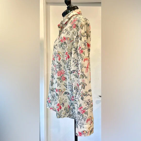 The Kooples silk button down shirt w/floral tropical bird print, cream/pink, XS - Picture 4 of 10